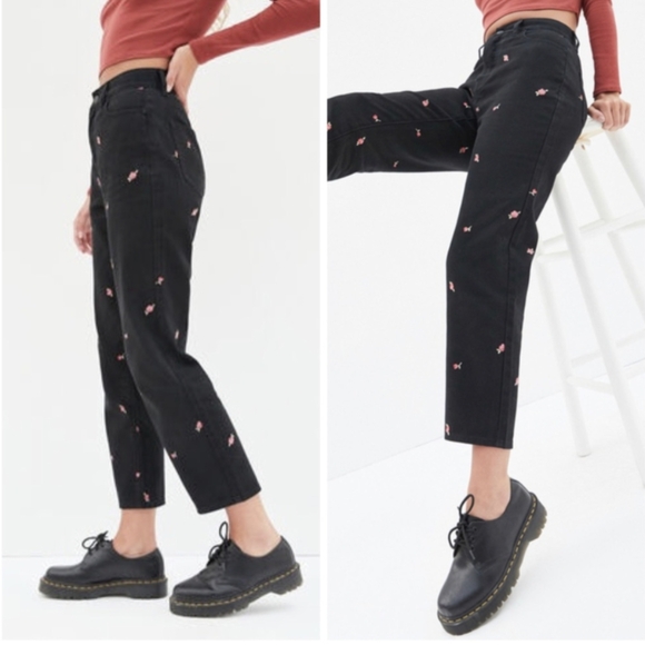 PacSun Rose Embroidered Black High Rise Mom Jeans Straight Ankle Length- 24 - Picture 2 of 13